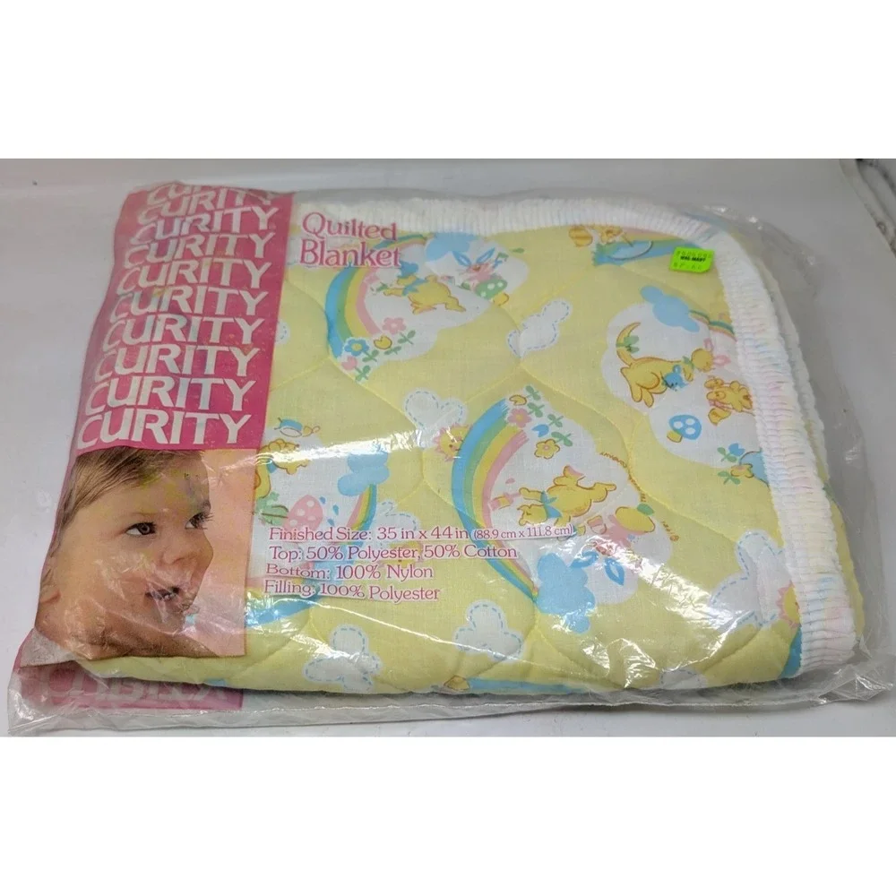 Vintage Curity 1981 Baby Quilt Blanket Yellow Rainbow Elephant Cat Bear NEW OPEN